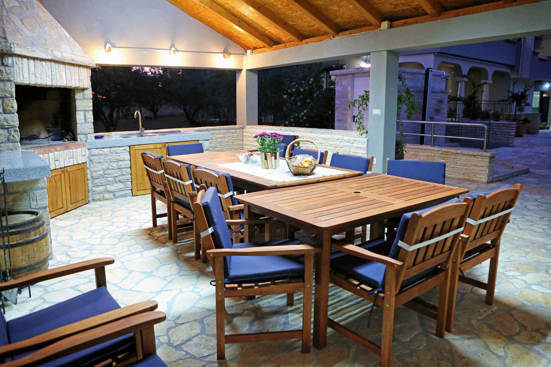 Dinner under the pergola, at dusk