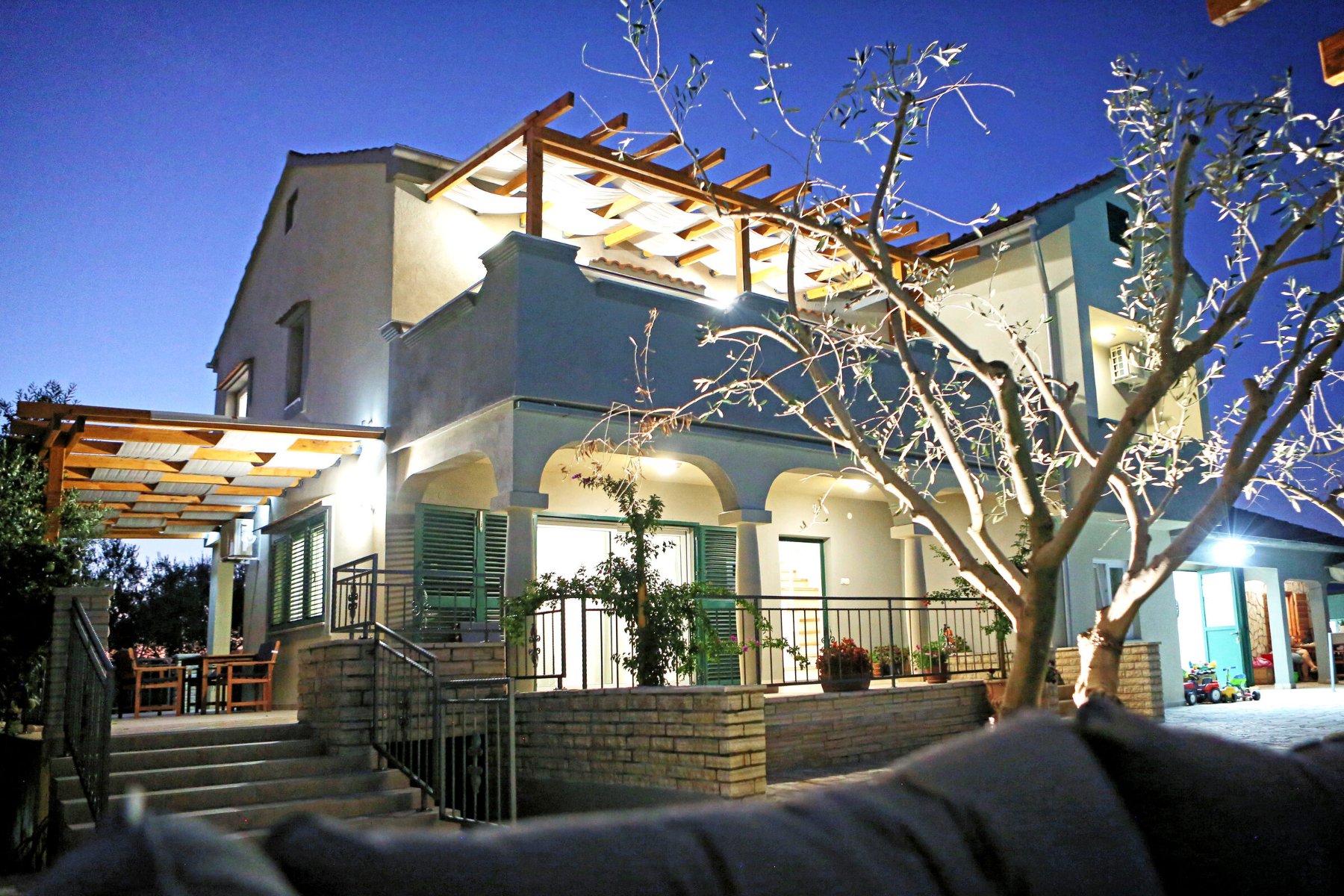 The villa at dusk