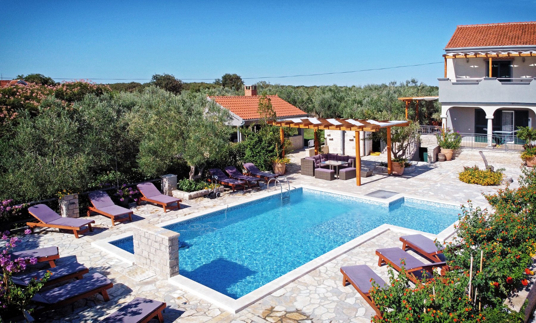Pool, garden and pergola, from above